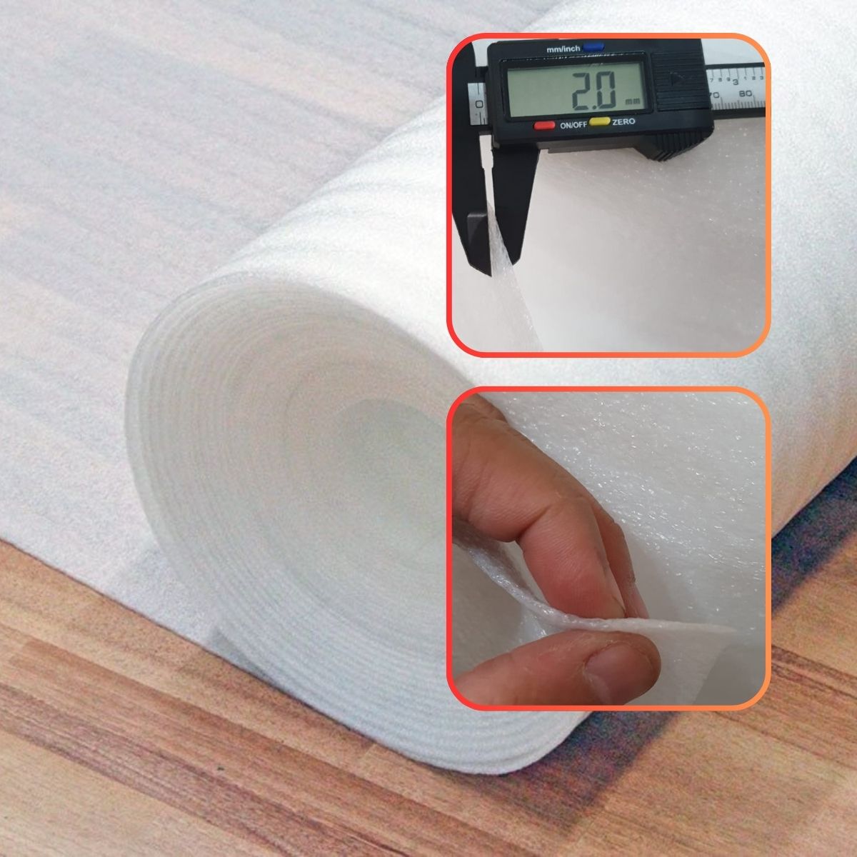 Manta de polietileno aferida com paquímetro marcando 2.0mm