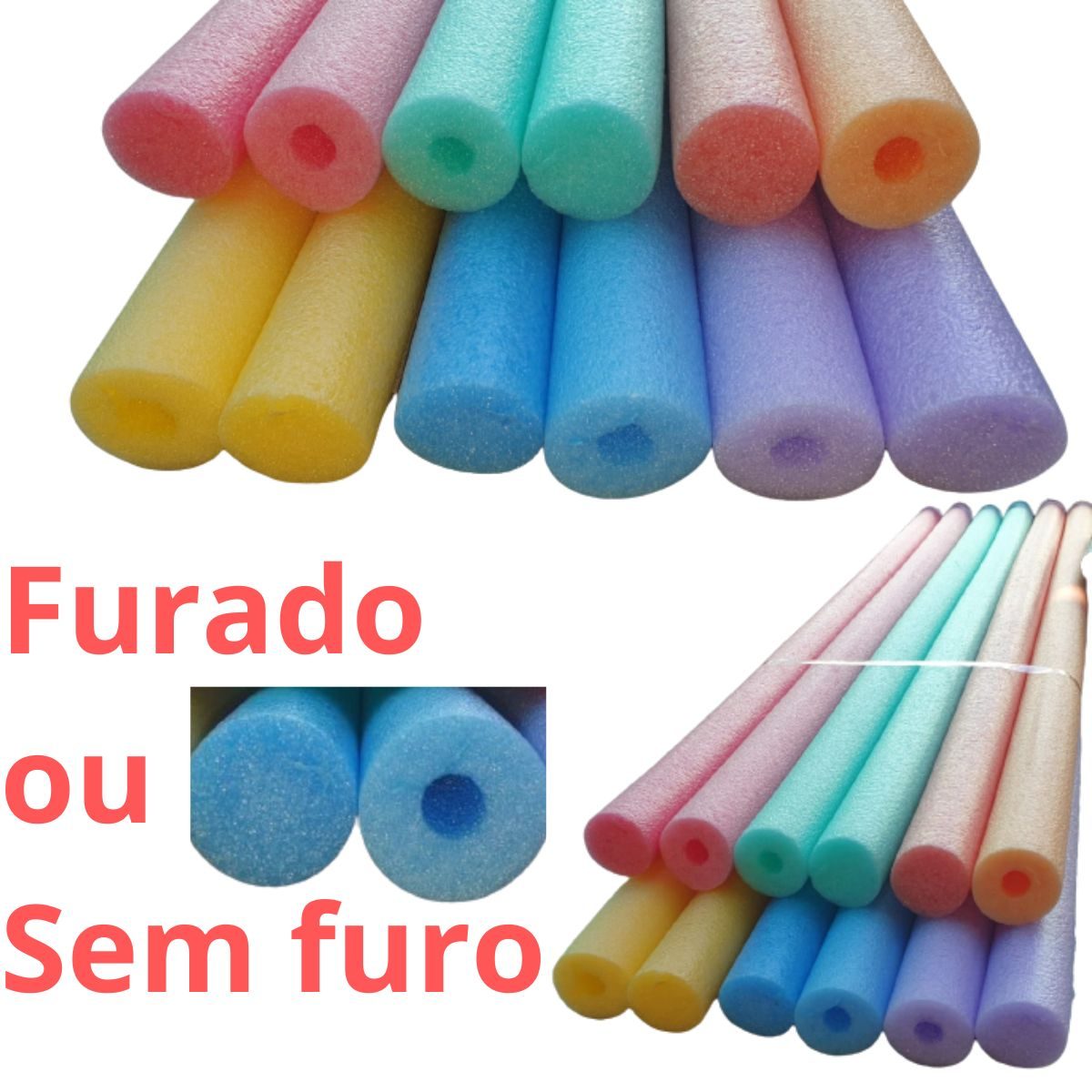 Comparação entre boia espaguete furada com furo central e boia maciça sem furo