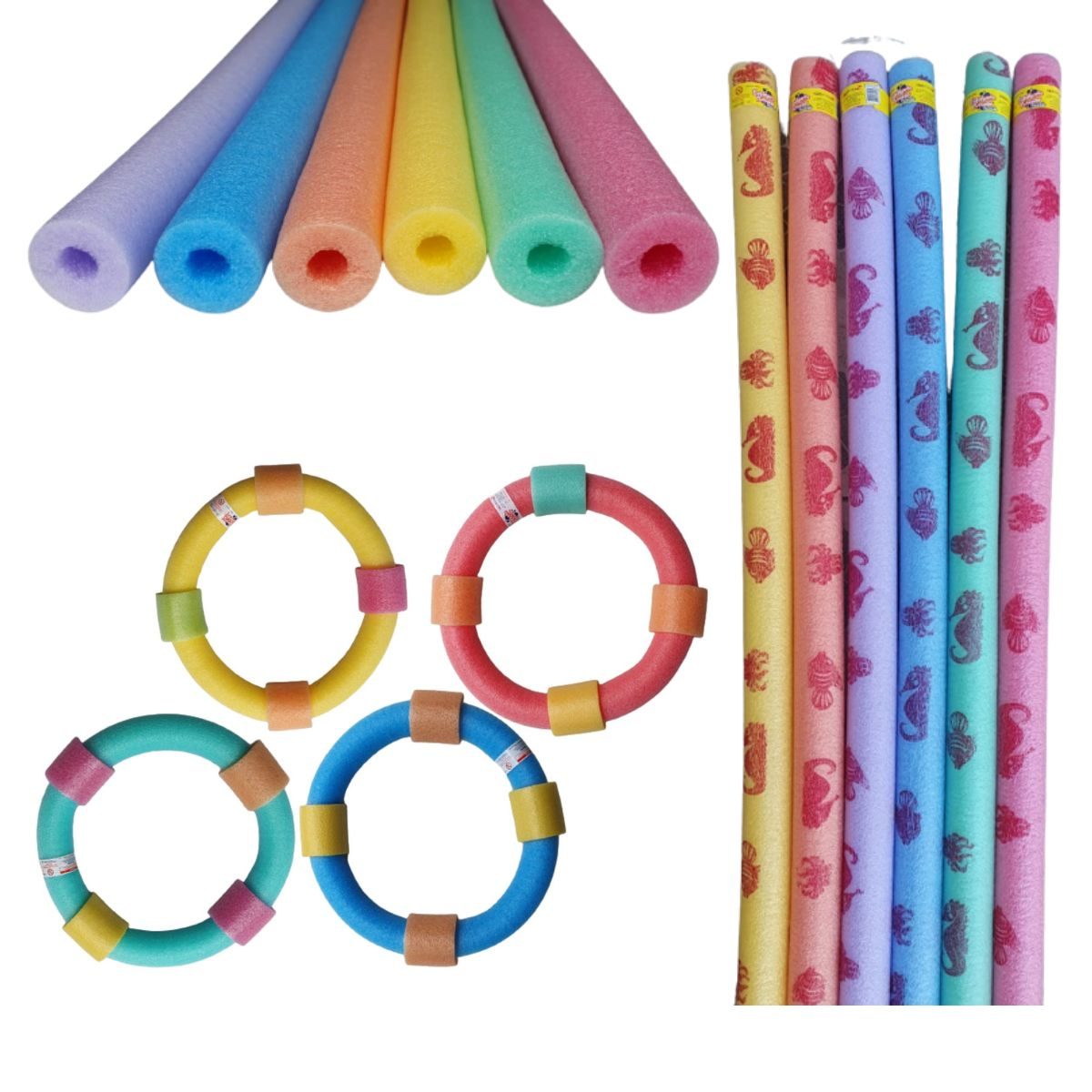 Kit com boia redonda e boias espaguete coloridas