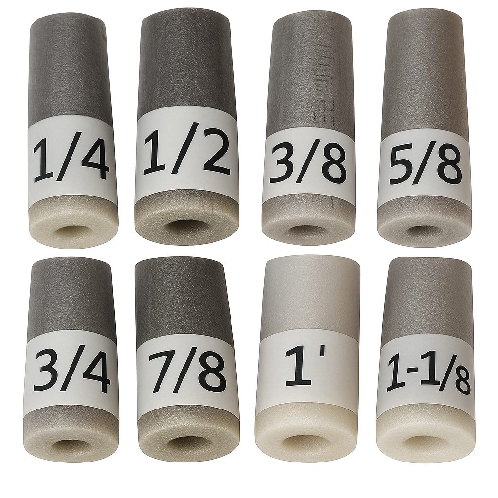 Tubo esponjoso cinza para ar-condicionado em 8 bitolas: 1/4, 3/8, 1/2, 5/8, 3/4, 7/8, 1 e 1.1/8